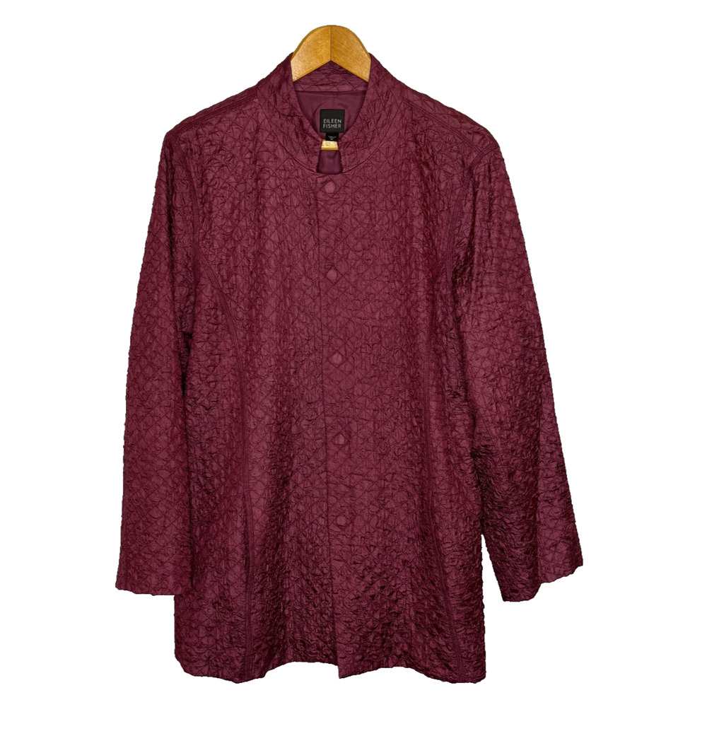 Women's XL Eileen Fisher 100% Tussah Silk Quilted Jacket Magnetic Button Mauve